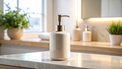 Fototapeta premium White Ceramic Soap Dispenser with Gold Pump on Marble Countertop with Plants liquid soap