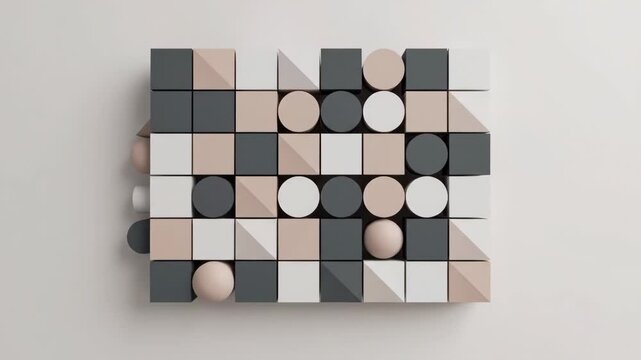 Minimalist geometric still life animation loop of neutral colored shapes squares circles and spheres forming abstract art
