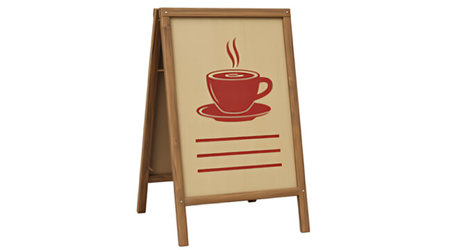 Cafe a frame sign with coffee cup and steam symbol illustration for menu board in front of coffee shop exterior