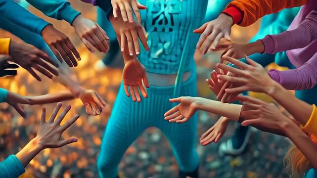 Diverse group of people putting their hands together in unity and solidarity outdoors.