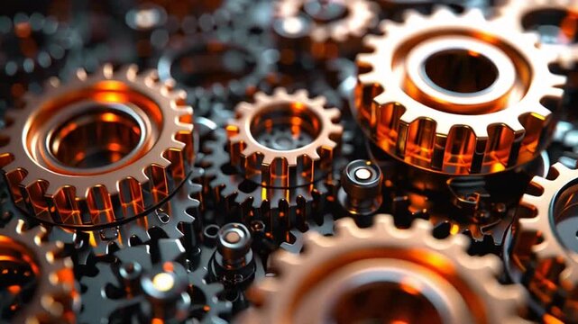 Complex machinery gears interlocking in a metallic assembly with copper accents in a close-up industrial view