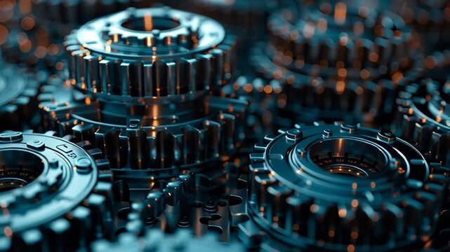 Complex arrangement of interlocking metallic gears in a machinery setting, viewed from a close-up perspective.