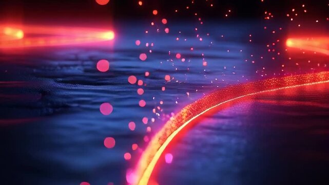 Glowing red neon light trail curves across dark textured surface with scattered colorful dots.