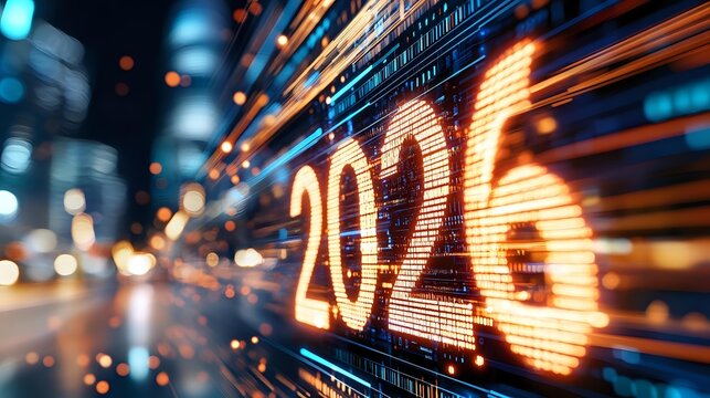 Futuristic 2026 number display with dynamic light streaks and digital data streams creating motion blur effect on dark technology background.