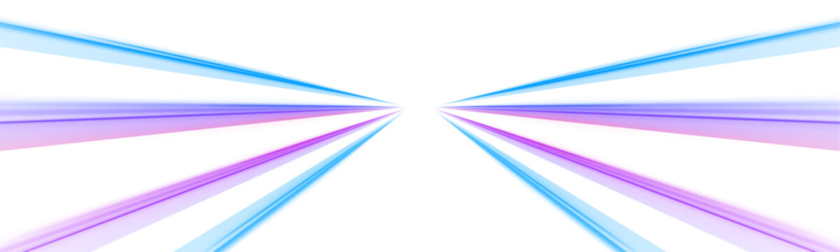 Neon blue and purple ribbons of light flow along a dark abstract street. Motion trails create a sense of futuristic velocity. Vector digital artwork with glowing effects. PNG