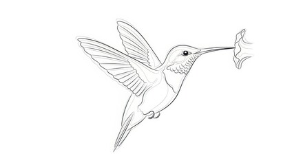 Obraz premium Hummingbird Line Art Drawing Feeding from a Flower