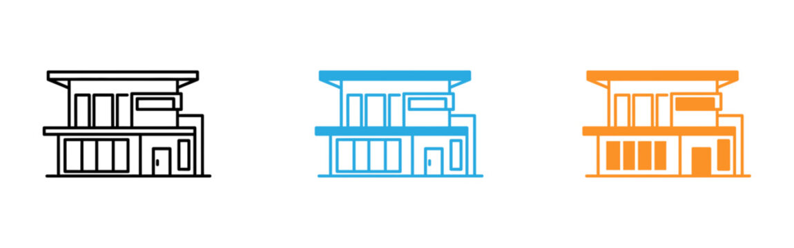 A set of three colored line icons depicting a two story building