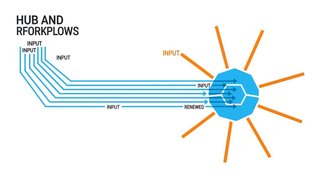 Centralized Hub and Workflow Diagram: Multiple Inputs Convergence, Data Processing Node, and System Architecture Visualization