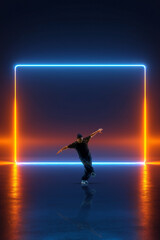 Obraz premium Futuristic artwork breakdancer performing floor move inside neon frame. Concept of contemporary dance visuals, digital stage design, creative motion graphics, and modern advertising use.
