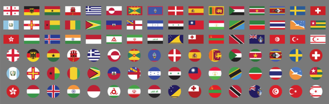 Vector illustration collection of international country flags in rectangular and circular shapes