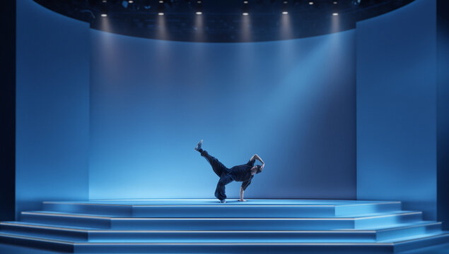 Minimalist composition breakdancer balancing on elevated stage platform. Concept of contemporary performance art, clean stage design, creative branding visuals, and modern media layouts.