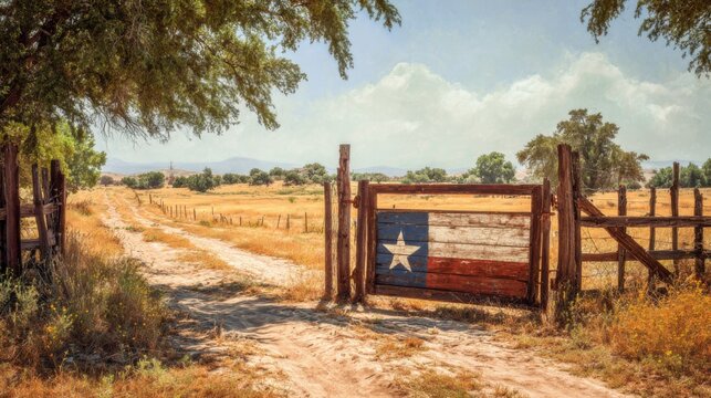 Rustic wooden gate with Texas flag design opening to a dry dirt road in a rural area during midday