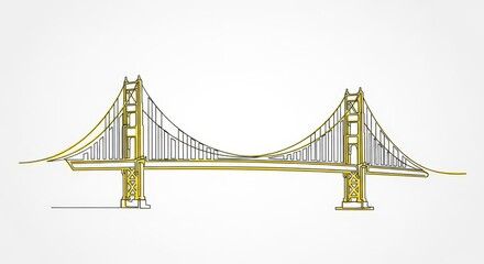 Obraz premium Minimalist Line Art Illustration of a Suspension Bridge in Yellow and Black on White Background