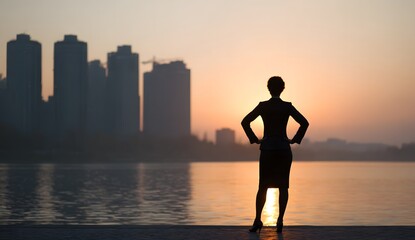 Fototapeta premium Silhouette of a confident businesswoman standing with hands on hips looking out at a modern city skyline during a golden sunset