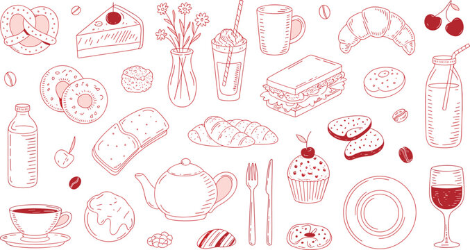 Hand sketched food and drink icon assortment in retro outline style. Bakery treats, beverages and table items. Red ink vector elements for cafe branding and menus.