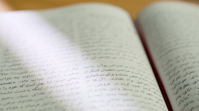 Bible pages flipping to Old Testament story of King David in Farsi. Close up of Persian scripture text during a religious study. 4K footage of Middle Eastern Christianity and holy book reading.