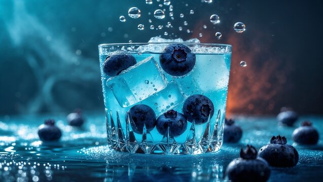 Refreshing Blue Cocktail with Fresh Blueberries, Ice Cubes and Water Splash - High Speed Photography