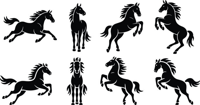 Black horse silhouette pose collection. Powerful running, standing, and rearing stallion shapes. High contrast vector horses for logos, tattoos, sports branding, emblems, and design projects.