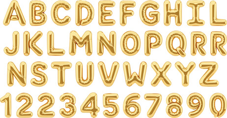 Luxury gold foil balloon alphabet set. Shiny inflated letters A to Z with matching numbers. Elegant typography elements for party decor, events, branding, and celebration graphics. © HazelQueen