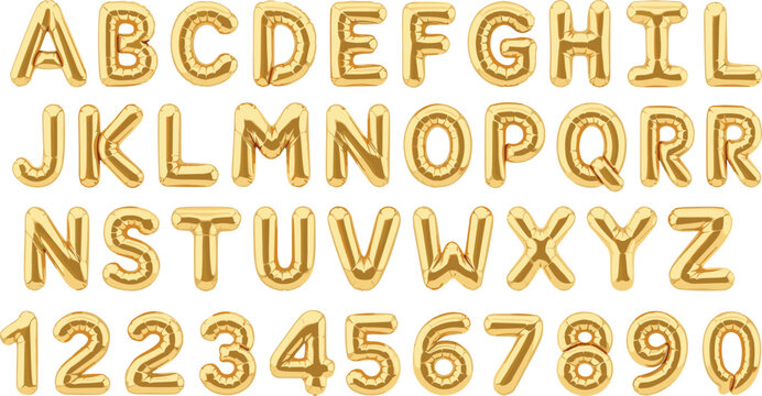 Luxury gold foil balloon alphabet set. Shiny inflated letters A to Z with matching numbers. Elegant typography elements for party decor, events, branding, and celebration graphics.