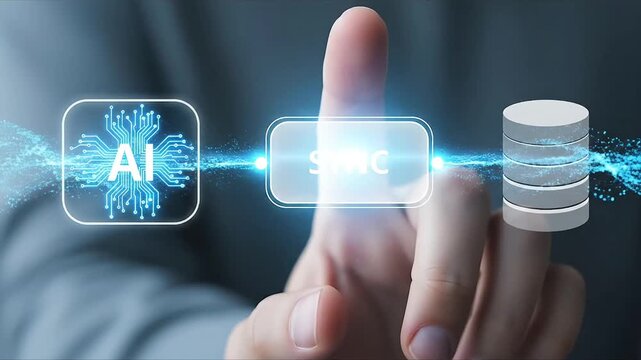 Artificial intelligence AI data synchronization with digital database and human finger interaction on futuristic interface