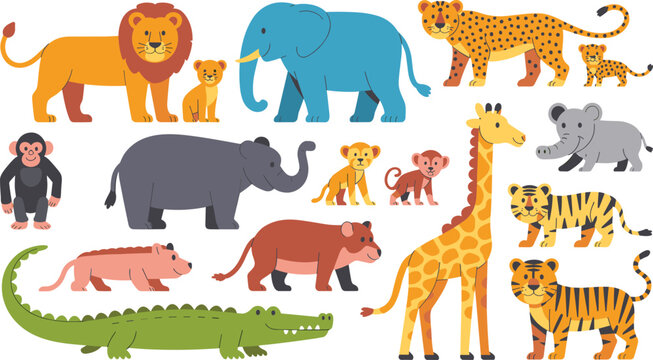 Wild safari animals cartoon vector set. Lion, elephant, giraffe, tiger and jungle wildlife characters. Colorful flat animal illustrations for kids education and design.