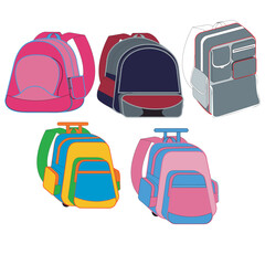 Black backpack in front, side, and back views. Back to school, education, travel, and urban lifestyle bag concept. Flat vector illustration isolated on white background.