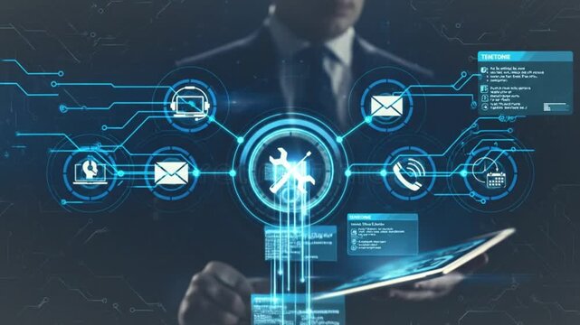 Businessman interacts with futuristic digital interface displaying communication icons and data flow visualization on a dark background