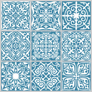 Patchwork texture from tiles in the oriental style in blue and gray. Abstract background. Geometric ceramic design tile.