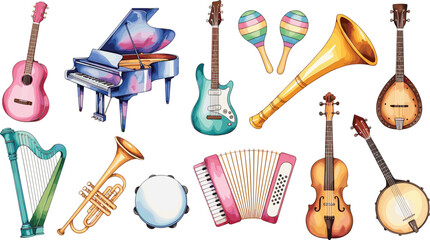 Musical instruments cartoon vector set. Piano, guitar, violin, trumpet and percussion icons. Colorful music illustration pack for education, posters and creative design. © HazelQueen