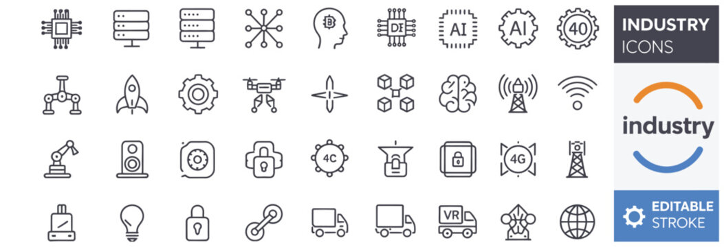 industry 4.0 icon collection set, editable stroke outline icons, smart industry symbols, digital factory and automation design resources.
