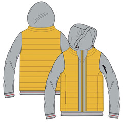 Standing Collar Winter Coat Technical Fashion Illustration. Quilted Puffer Jacket Vector Template. Cropped Silhouette. Horizontal Quilting. Welt Pockets. Relaxed Fit. Unisex Outerwear. CAD Mockup set.