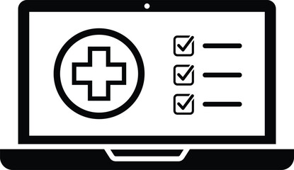 Fototapeta premium Black laptop screen medical cross and checklist with three completed