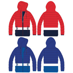 Standing Collar Winter Coat Technical Fashion Illustration. Quilted Puffer Jacket Vector Template. Cropped Silhouette. Horizontal Quilting. Welt Pockets. Relaxed Fit. Unisex Outerwear. CAD Mockup set.