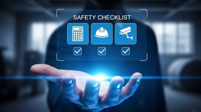 Digital safety checklist with calculator hard hat and security camera on futuristic interface held by hand