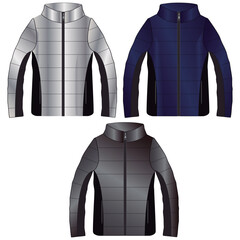 Standing Collar Winter Coat Technical Fashion Illustration. Quilted Puffer Jacket Vector Template. Cropped Silhouette. Horizontal Quilting. Welt Pockets. Relaxed Fit. Unisex Outerwear. CAD Mockup set.