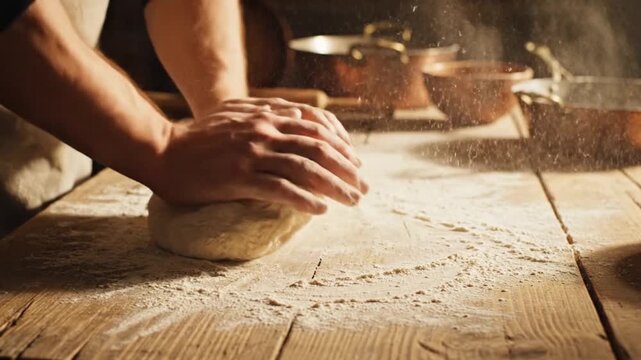 Closeup of a bakers hands kneading dough on a rustic wooden table preparing fresh bread in a traditional kitchen setting.
