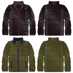 Standing Collar Winter Coat Technical Fashion Illustration. Quilted Puffer Jacket Vector Template. Cropped Silhouette. Horizontal Quilting. Welt Pockets. Relaxed Fit. Unisex Outerwear. CAD Mockup set.