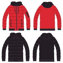 Standing Collar Winter Coat Technical Fashion Illustration. Quilted Puffer Jacket Vector Template. Cropped Silhouette. Horizontal Quilting. Welt Pockets. Relaxed Fit. Unisex Outerwear. CAD Mockup set.