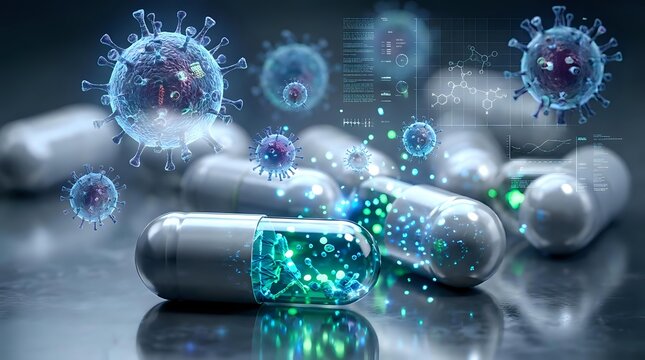 Medical capsules with digital virus particles floating above representing pharmaceutical research and antiviral drug development in healthcare technology.
