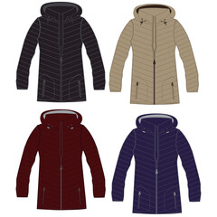 Standing Collar Winter Coat Technical Fashion Illustration. Quilted Puffer Jacket Vector Template. Cropped Silhouette. Horizontal Quilting. Welt Pockets. Relaxed Fit. Unisex Outerwear. CAD Mockup set.