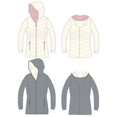 Standing Collar Winter Coat Technical Fashion Illustration. Quilted Puffer Jacket Vector Template. Cropped Silhouette. Horizontal Quilting. Welt Pockets. Relaxed Fit. Unisex Outerwear. CAD Mockup set.