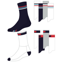 Socks technical drawing fashion design with silicone grip  sketch vector illustration template. Mock up cad drawing for unisex men's and women's football socks design.