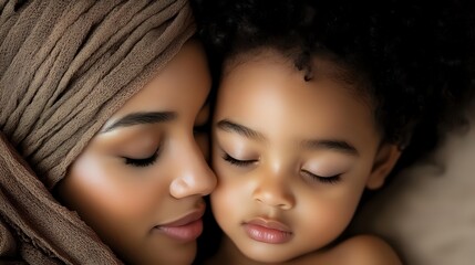 Obraz premium Loving African American mother wearing headwrap embracing young daughter in tender moment. Maternal bond, family connection, peaceful expression.