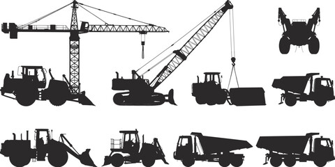 Heavy construction machinery silhouettes including excavator forklift tractor bulldozer dumper loader vehicles isolated on white background illustration © Miss