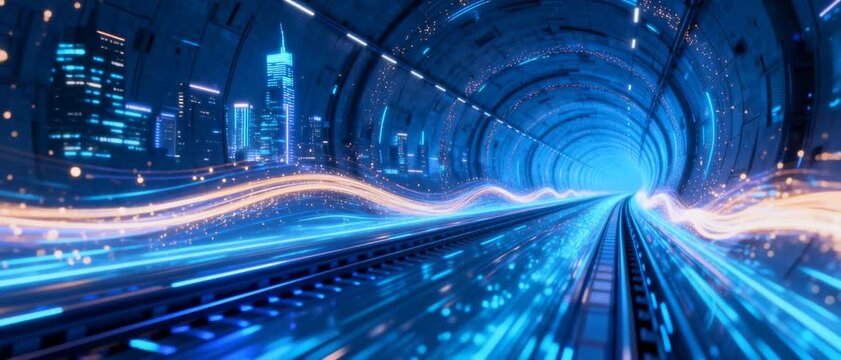 Futuristic Blue Neon Tunnel with High-Speed Light Trails Leading to Modern City Skyline at Night