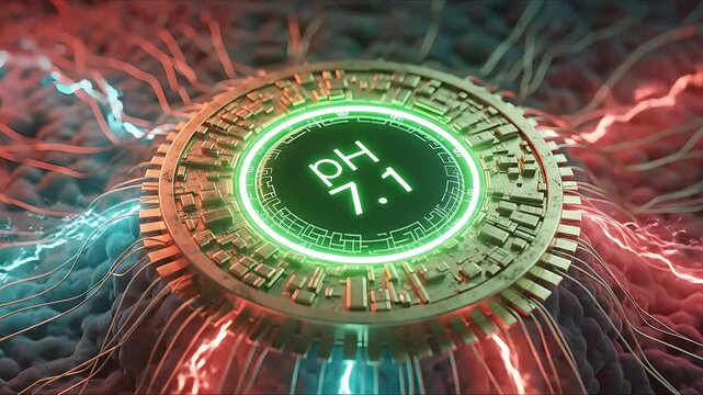 Futuristic pH 7.2 balance concept glowing digital circuit with red and blue energy streams science technology innovation