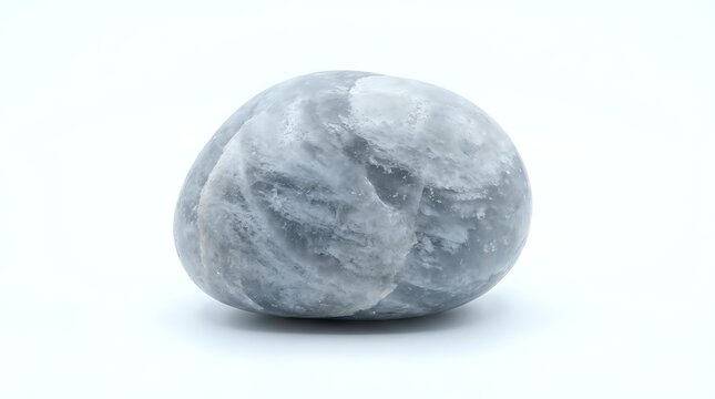 Blue calcite crystal stone with natural marbled patterns isolated on white background for healing meditation and spiritual wellness practices.