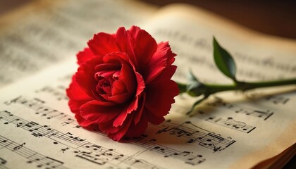 Red carnation lies on aged music score sheet. Delicate petals contrast old paper with musical notes. Still life shows bloom, plant, romantic art.