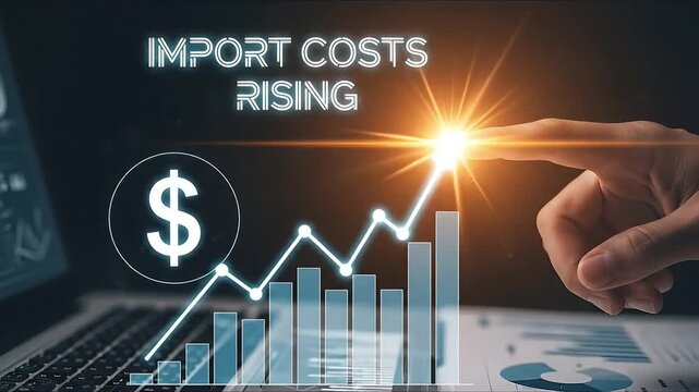 Hand touching glowing graph showing rising import costs and dollar symbol on laptop screen financial analysis concept